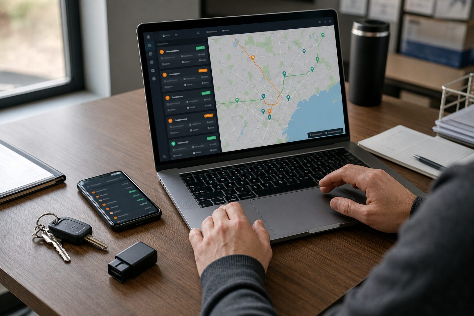 A fleet route dashboard on a laptop with vehicle keys and an OBD2 tracker on the desk.